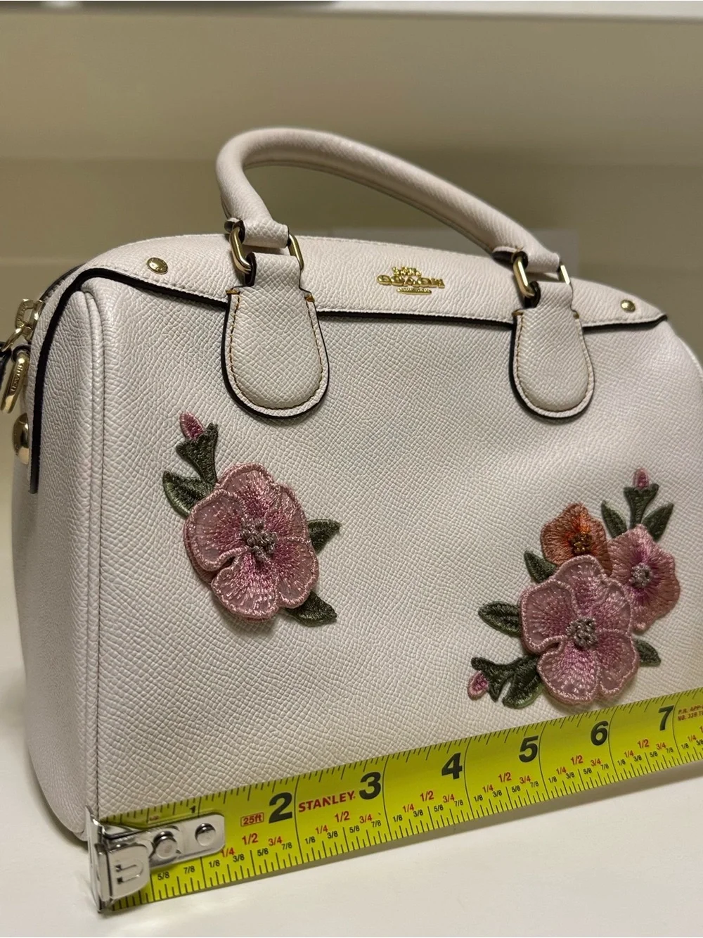 Coach White Leather Satchel with Pink Floral Embroidery